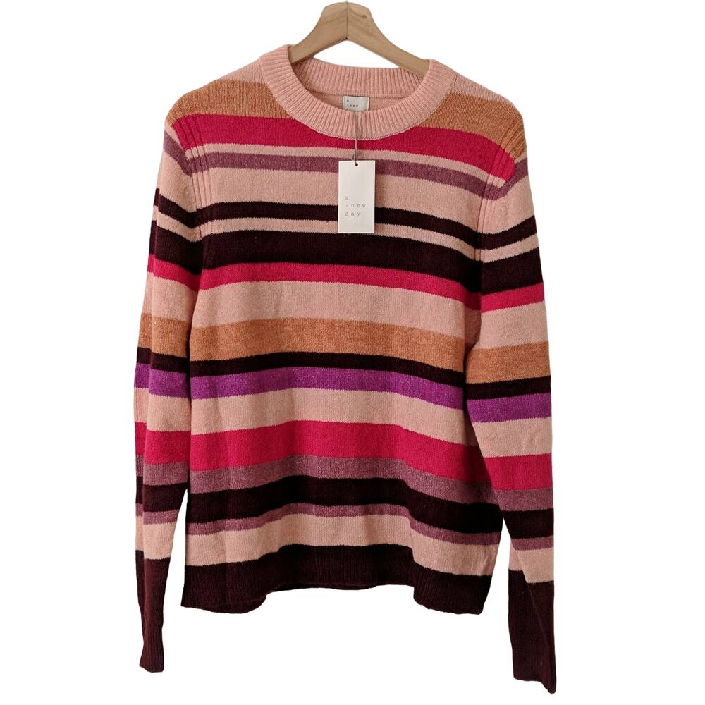 a new day Sweater Striped Soft Long Sleeve Pullover Pink Women's Medium NEW